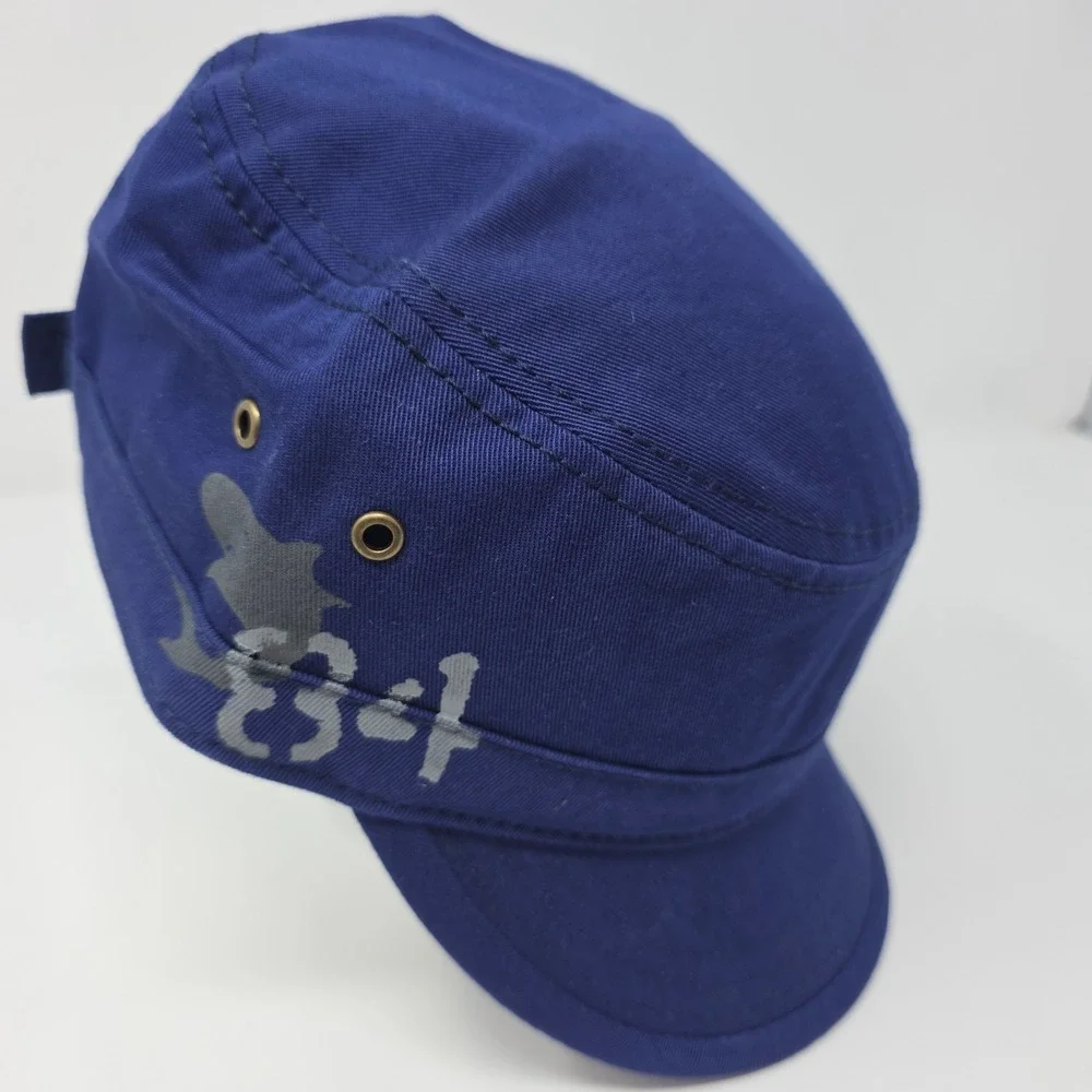 Blue Military Cadet Cap Adjustable Side Graphic Distressed Army Style Hat Twill